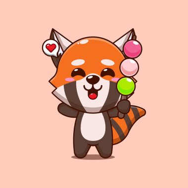 Şirin kırmızı panda çizgi film vektör çizimi yiyen dango.