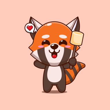 Tatlı kırmızı panda çizgi film vektör çizimi lokum yiyor.