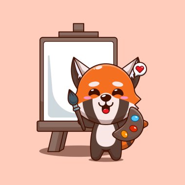 Şirin kırmızı panda karikatür vektör çizimi tuvale resim yapmak istiyor.