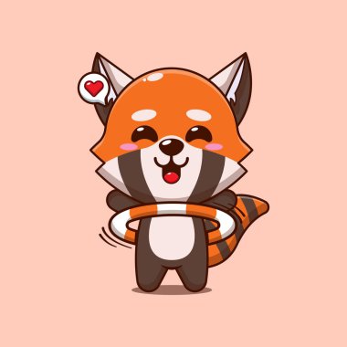 Hula hoop oynayan sevimli kırmızı panda çizgi film vektör çizimi