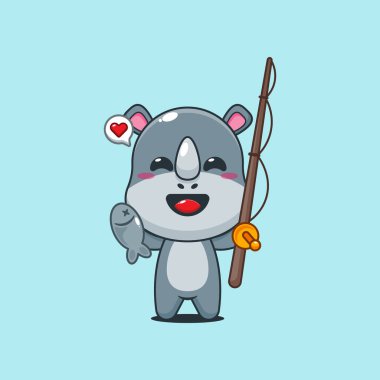 Şirin gergedan çizgi film vektör çizimi oltayla balık avlıyor.