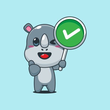 Doğru işaretli şirin gergedan çizgi film vektör çizimi