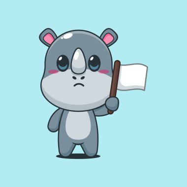 Beyaz bayraklı şirin gergedan çizgi film vektör çizimi