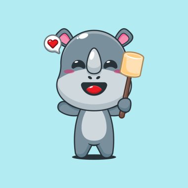 Tatlı gergedan çizgi film vektör çizimi marşmelov yiyor.