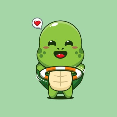 Hula hoop oynayan sevimli kaplumbağa çizgi film vektör çizimi