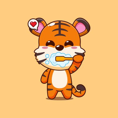 Tatlı kaplan çizgi filmi vektör çizimi dişleri fırçalıyor