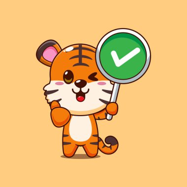 Doğru işaretli şirin kaplan çizgi film vektör çizimi