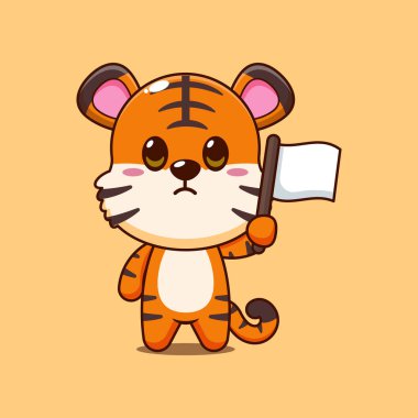 Beyaz bayraklı şirin kaplan çizgi film vektör çizimi