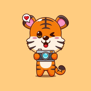 Kameralı şirin kaplan karikatür vektör çizimi