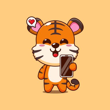 Cep telefonlu şirin kaplan çizgi film vektör çizimi