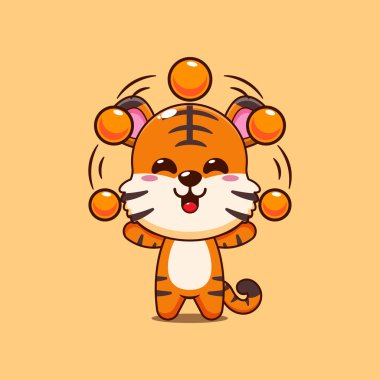 Tatlı kaplan çizgi filmi vektör illüstrasyon topları ile sirk cazibesi