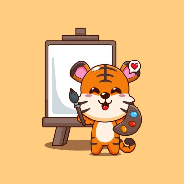 Şirin kaplan karikatür vektör çizimi tuvale resim yapmak istiyor.