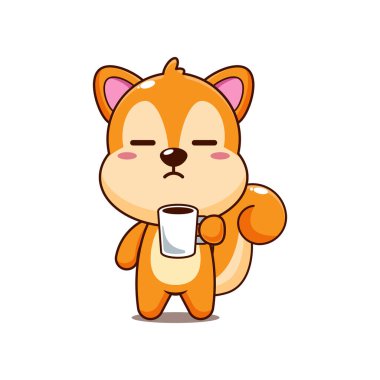 Şirin sincap çizgi film vektör çizimi yorgun ve uykulu bir şekilde elinde kahve tutuyor.