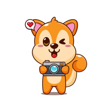 Kameralı şirin sincap karikatür vektör çizimi