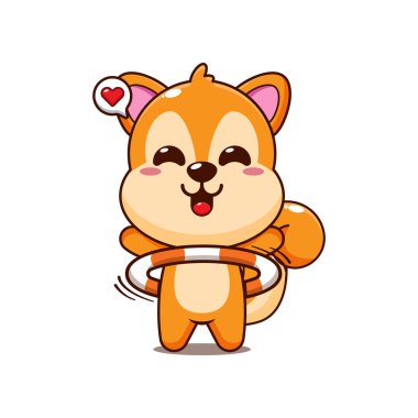 Hula hoop oynayan şirin sincap çizgi film vektör çizimi