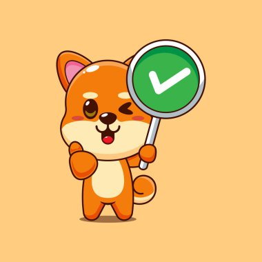 Doğru işaretli şirin shiba inu çizgi film vektör çizimi