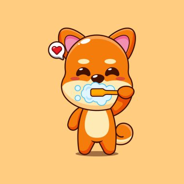 Şirin shiba inu çizgi film vektör çizimi diş fırçalama