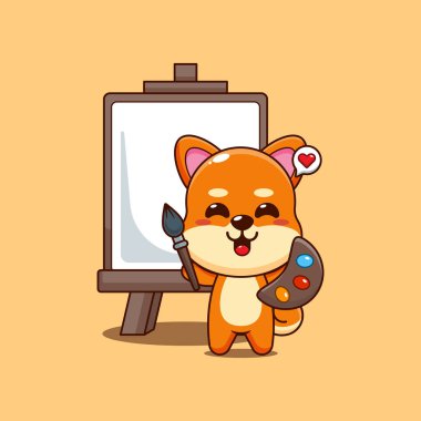 Şirin shiba inu çizgi film vektör çizimi tuvale resim yapmak istiyor.