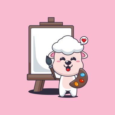 Şirin koyun çizgi filmi vektör çizimi tuvale resim yapmak istiyor.