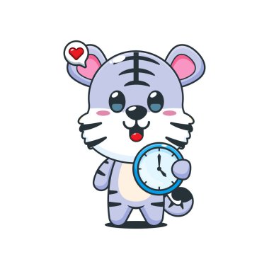 Saatli şirin beyaz kaplan karikatür vektör çizimi