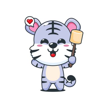 Tatlı beyaz kaplan çizgi film vektör çizimi lokum yiyor.