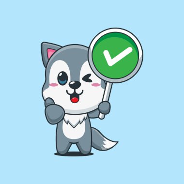 Doğru işaretli şirin kurt çizgi film vektör çizimi