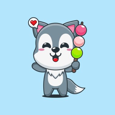 Tatlı kurt çizgi film vektör çizimi yiyen dango.