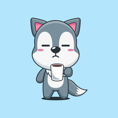 Şirin kurt çizgi filmi vektör çizimi yorgun ve uykulu bir şekilde elinde kahve tutuyor.