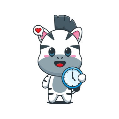 Saatli şirin zebra çizgi film vektör çizimi