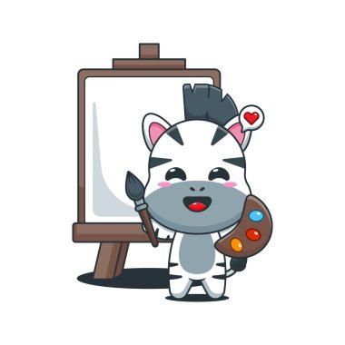 Şirin zebra karikatür vektör çizimi tuval üzerine resim yapmak istiyor