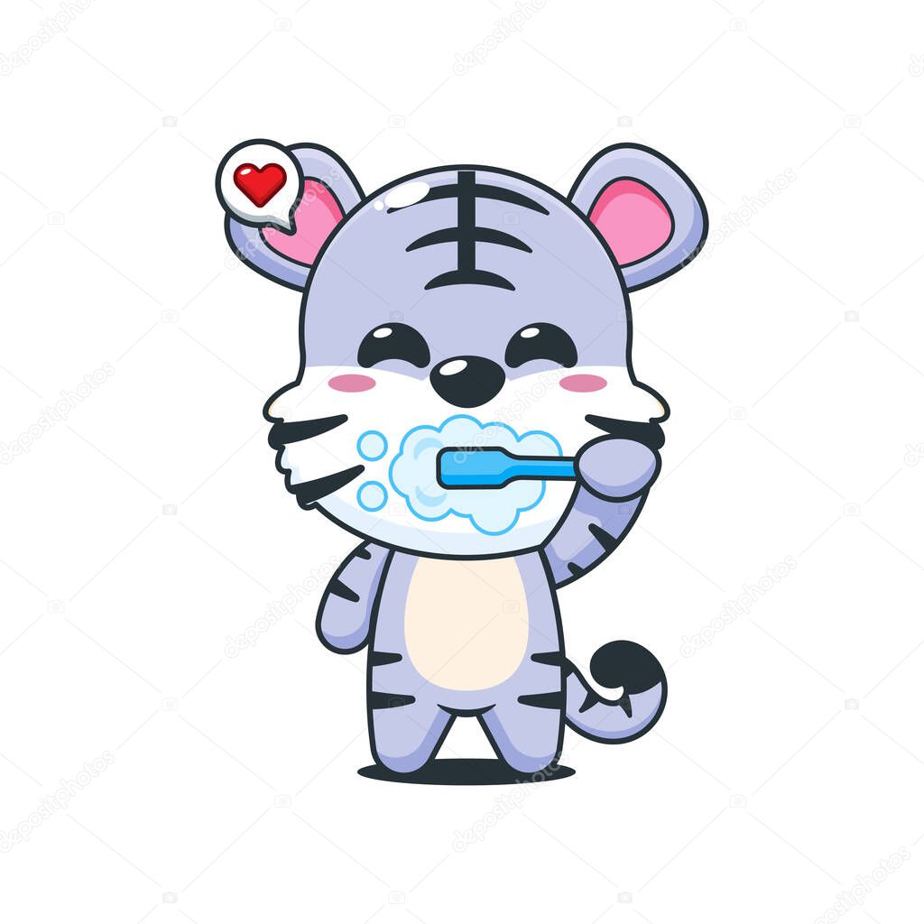 Cute white tiger cartoon vector illustration brushing teeth