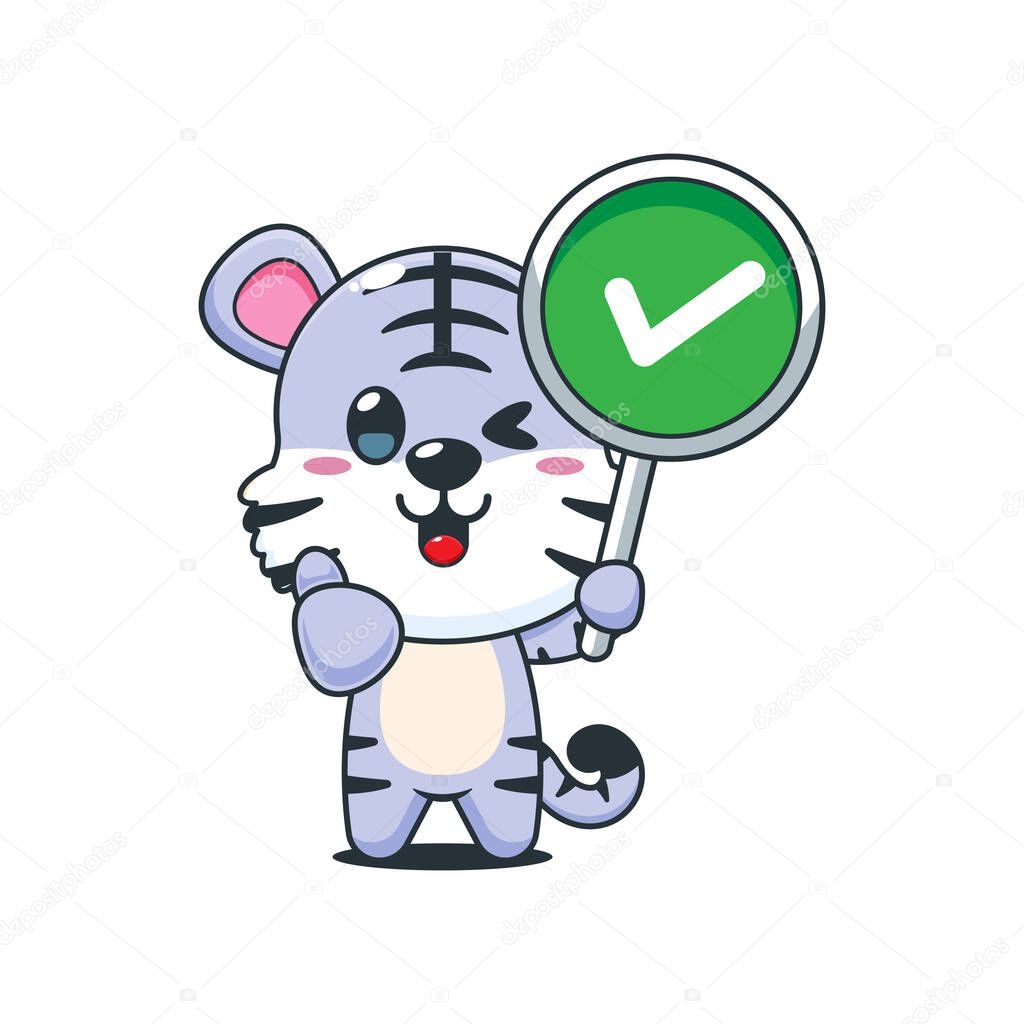 Cute white tiger cartoon vector illustration with correct sign
