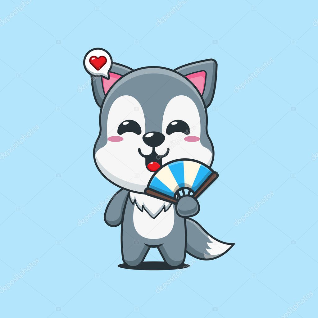 Cute wolf cartoon vector illustration with hand fan