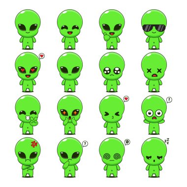 Şirin uzaylı çizgi film karakteri çizimi. Logo, çıkartma ya da animasyon tasarımı için çizgi film uzaylı maskotu karakteri.