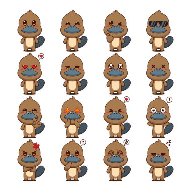 Bir dizi şirin ornitorenk çizgi film maskot karakter çizimi.