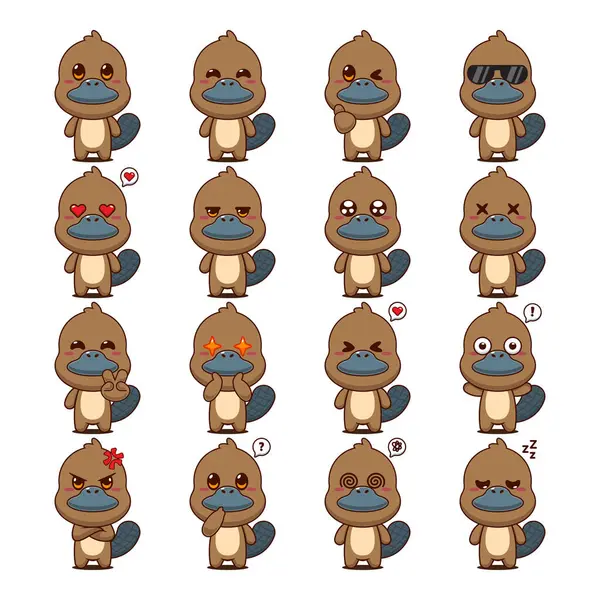 Bir dizi şirin ornitorenk çizgi film maskot karakter çizimi.