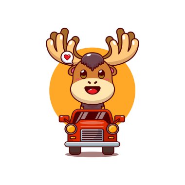 Güzel geyik maskotu. Çizgi film karakteri çizimi. Arabada gezinti.