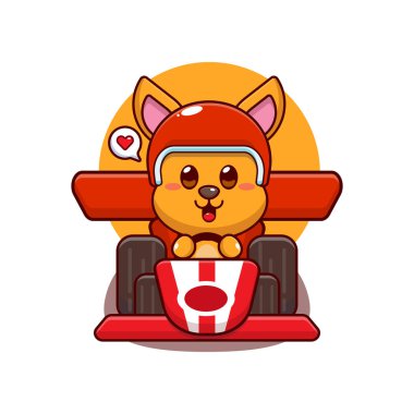 Şirin kanguru maskot çizgi film karakteri çizimi yarış arabası sürüyor.