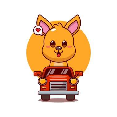 Şirin kanguru maskot çizgi film karakteri çizimi araba gezisi.