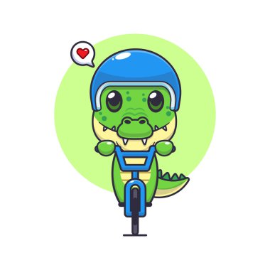 Şirin timsah maskotu çizgi film karakteri çizimi bisiklet sürüşü