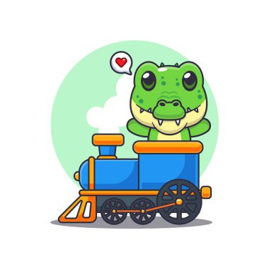 Tatlı timsah maskotu çizgi film karakteri çizimi trende geziniyor.