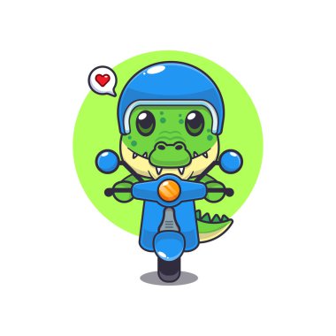 Şirin timsah maskotu çizgi film karakteri çizimi scooter 'la gezintisi