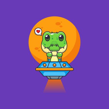 Şirin timsah maskotu çizgi film karakteri çizimleri UFO ile uçuyor.