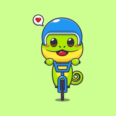 Şirin bukalemun maskot çizgi film karakteri çizimi bisiklet sürüşü