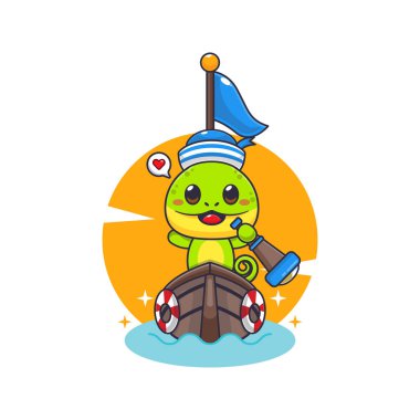 Şirin bukalemun maskotu çizimi teknede