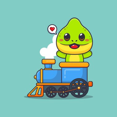 Şirin bir bukalemun maskot çizgi film karakteri çizimi trende geziniyor.