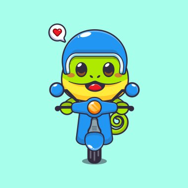 Şirin bukalemun maskotu çizgi film karakteri çizimi scooter 'la gezintisi