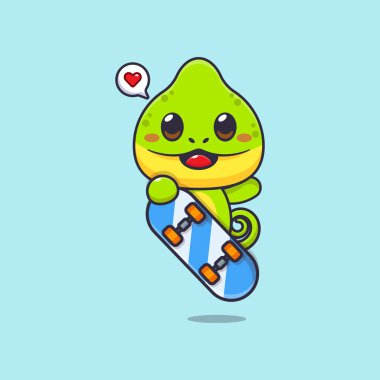 Şirin bukalemun maskotu kaykaylı karakter çizimi