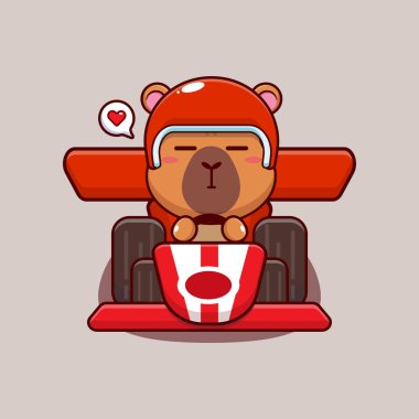 Şirin Capybara maskot çizgi film karakteri çizimi yarış arabası sürüyor.