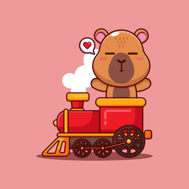 Tatlı Capybara maskot çizgi film karakteri çizimi trende geziniyor.